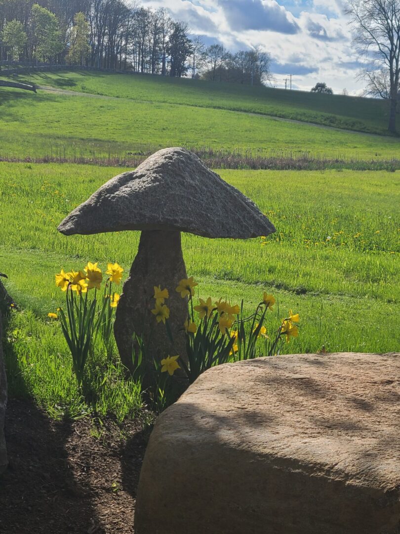 Stone mushroom sculpture in a sunny field.